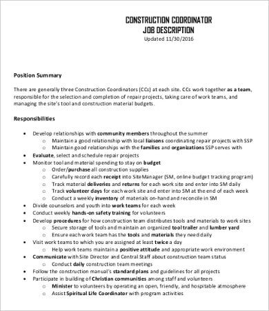 construction coordinator job description