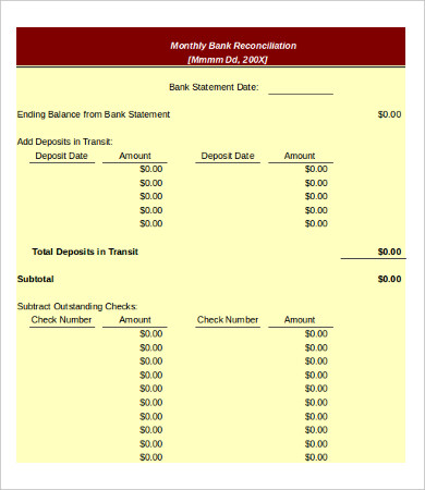 monthly bank reconciliation template