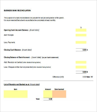 Business Bank Reconciliation Template