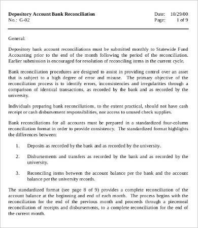 accounting bank reconciliation template