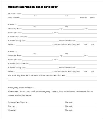 student information sheet template