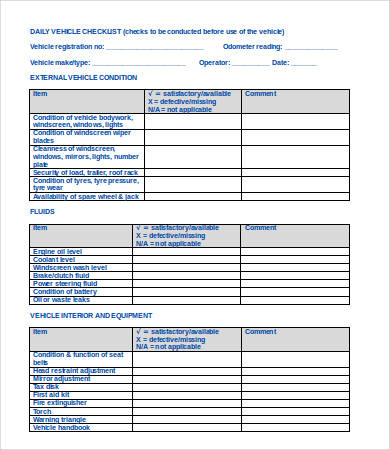 daily vehicle checklist template word