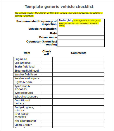 generic vehicle checklist template word