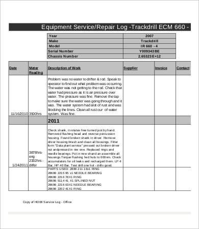 equipment service log template