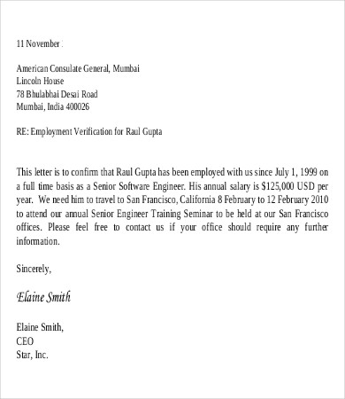 Employment verification letter for immigration