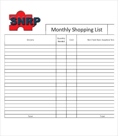 printable monthly shopping list