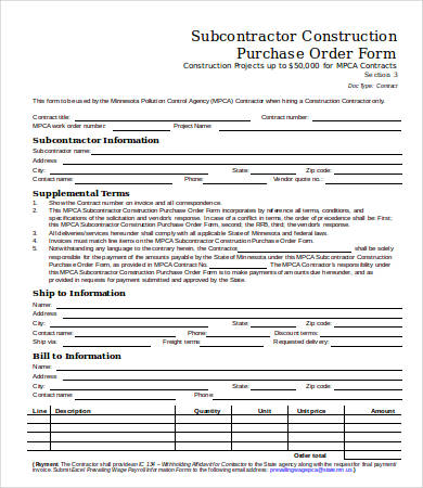 subcontractor construction purchase order form
