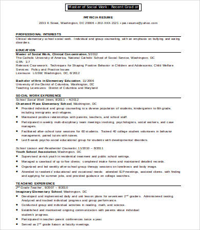 social work resume for recent graduate