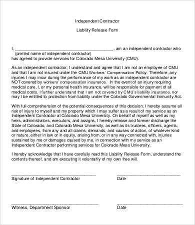 independent contractor release of liability form