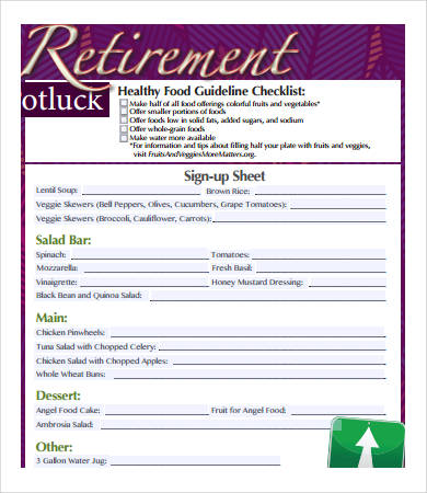 retirement potluck signup sheet