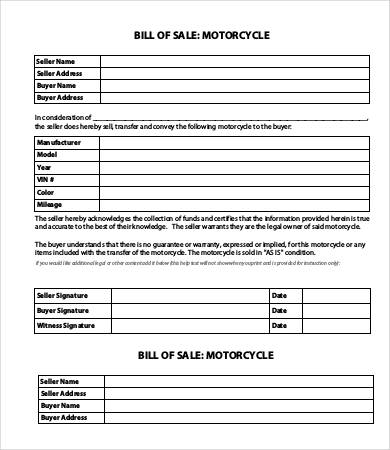 printable motorcycle bill of sale template