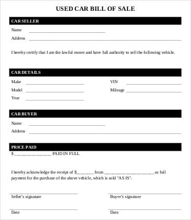 printable used car bill of sale form