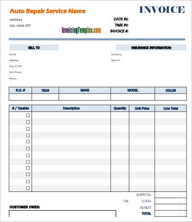 free printable auto repair invoice