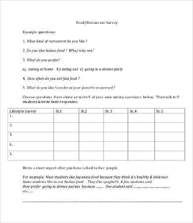 sample restaurant survey questionnaire