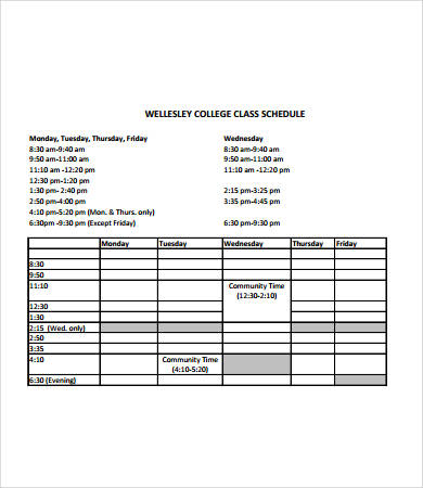 weekly college class schedule template