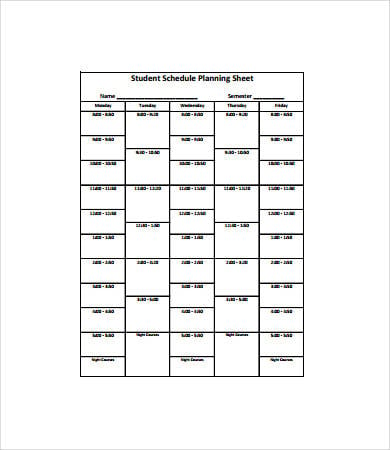 college class schedule planning sheet
