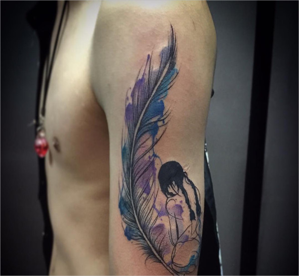 colorful feather tattoo