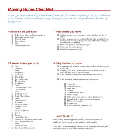 moving home checklist template