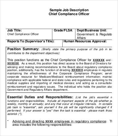 Compliance department job description
