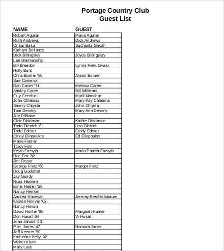 club guest list template