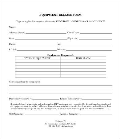 equipment release form template
