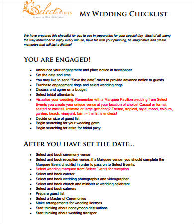 Printable Wedding Checklist 10 Free Pdf Documents Download Free
