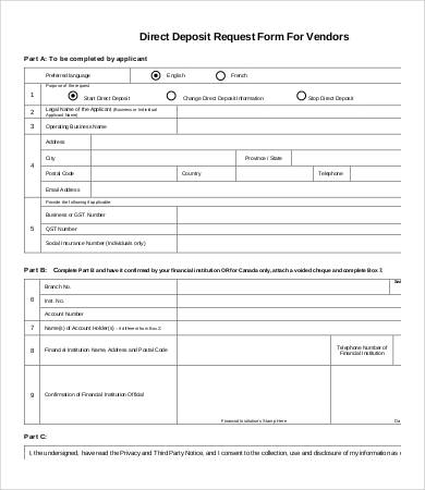 vendor direct deposit form template
