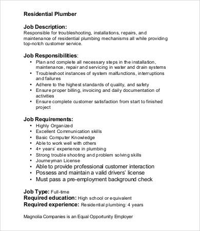 plumber helper job description resume