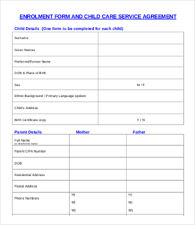 child care service agreement form
