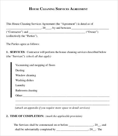 cleaing service agreement form
