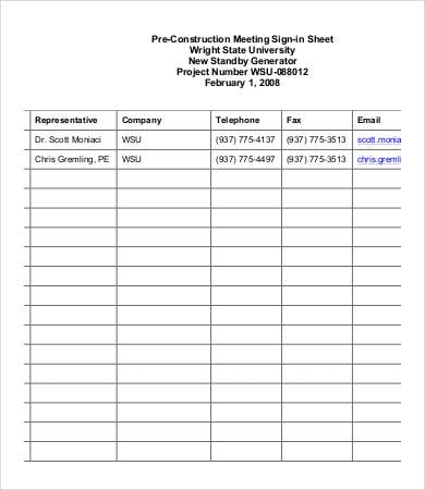 construction meeting sign in sheet template