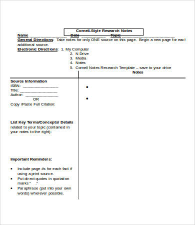 cornell style notes template microsoft word