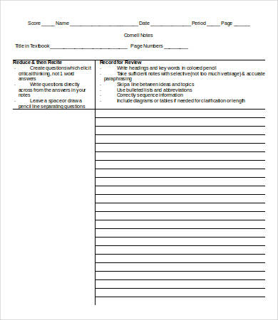 blank cornell note template word