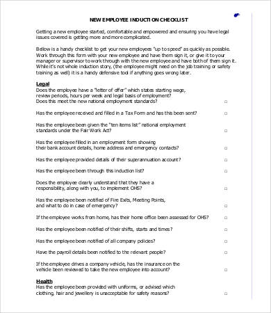 new employee induction checklist template