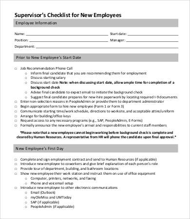 supervisors new employee checklist template