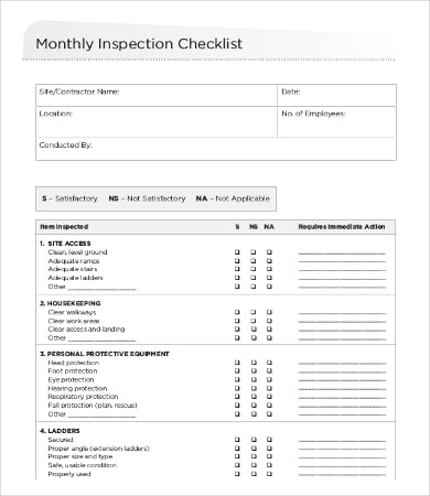 monthly inspection checklist template