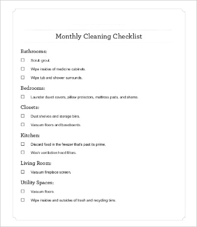 monthly cleaning checklist template