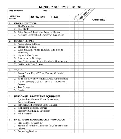 monthly safety checklist template