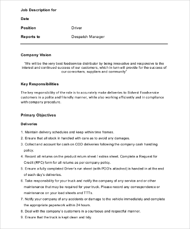 11+ Driver Job Description Templates - PDF, Docs, Word