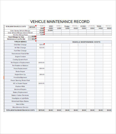 vehicle maintenance log sample
