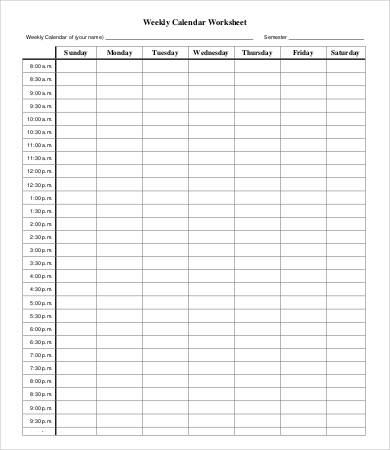 free weekly calendar worksheet template