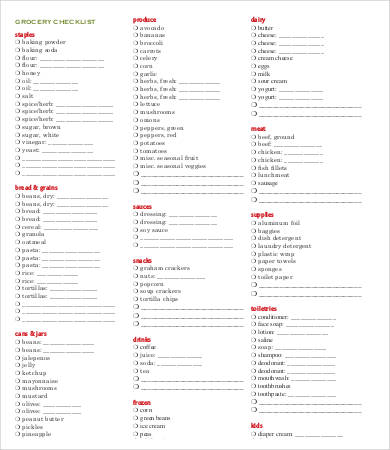 printable grocery checklist template