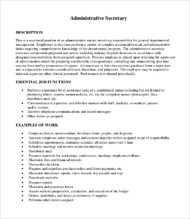 administrative secretary job description