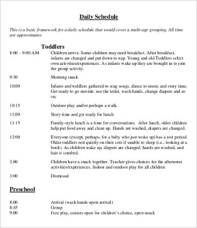 toddler daycare schedule template