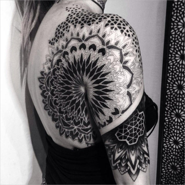 A geometric sunflower on Brianna  floraltattoo sunflower  sunflowertattoo dotworktattoo geometrictattoos  Sunflower tattoo Geometric  flower tattoo Tattoos