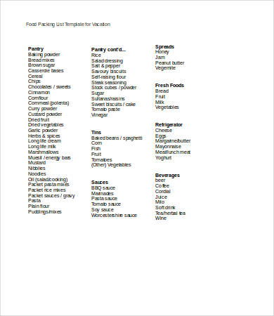 food packing list template for vacation