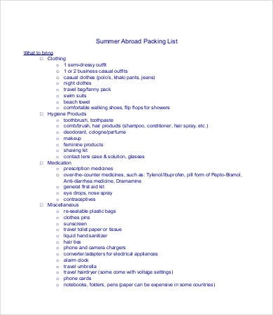 packing list for summer vacation