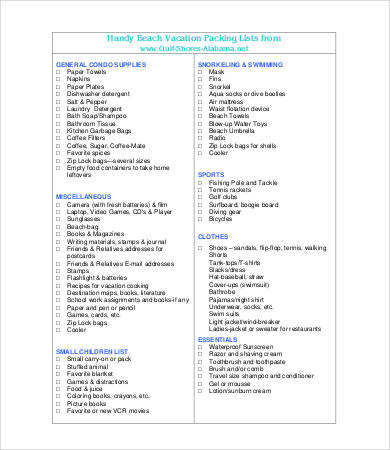 packing list for beach vacation template