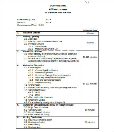board meeting agenda sample