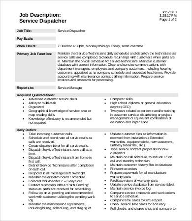 service dispatcher job description